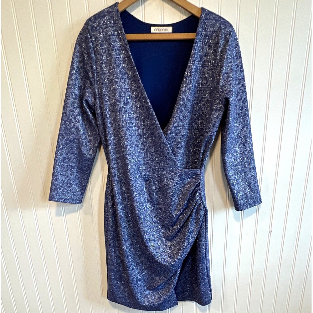 Arden B Dress 90's Size L Blue Metallic Leopard Glam V-NeckWrap Sheath Floral